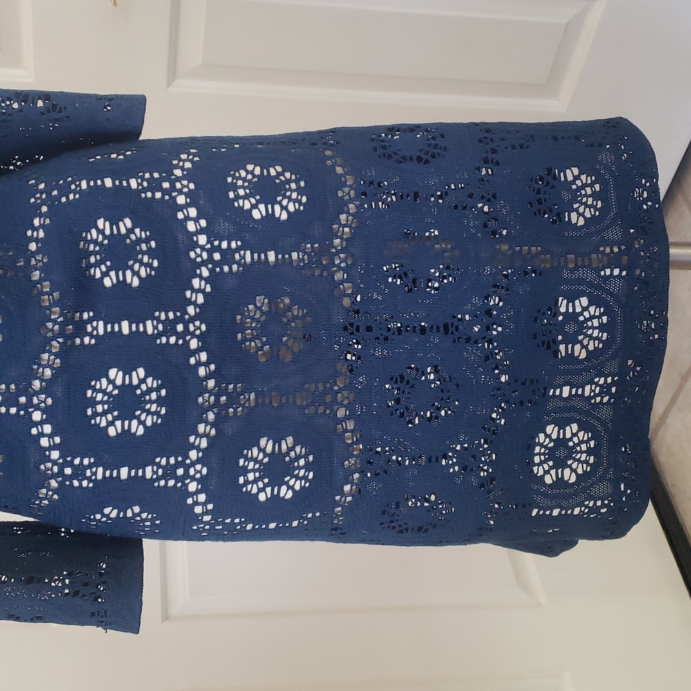 Chico's Camille Crochet Lace Shift Dress Teal Blue Size 1 S Bell Sleeve - Picture 7 of 14